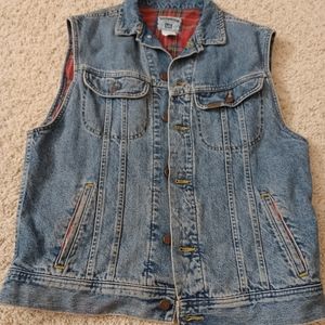 Lee Jeans Plaid Flannel Lined Denim Vest Mens sz M Trucker Jacket Vintage 90's